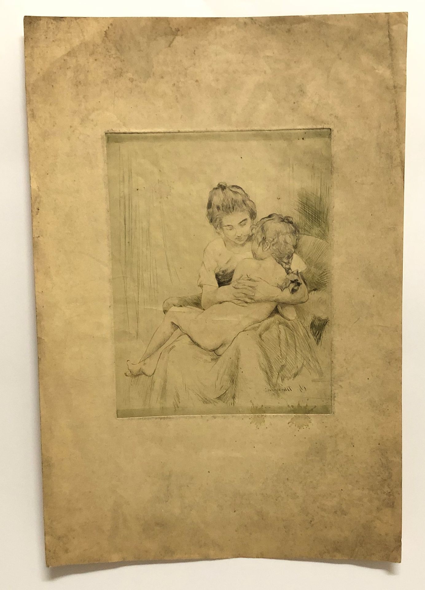 Null 雕刻。一位母亲和她的女儿，雕刻的右下方有签名。尺寸 : 24 x 19 cm (原样)