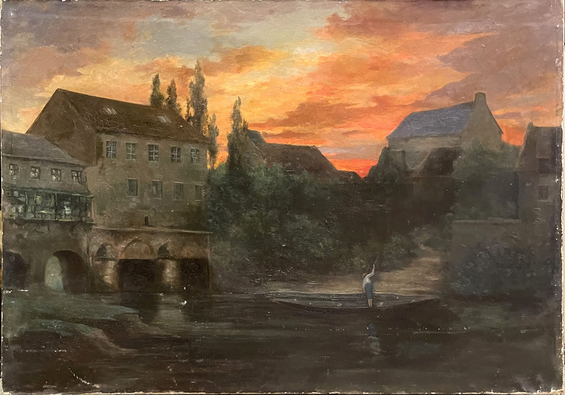 Null Moderne Schule. Fischer bei Sonnenuntergang. Öl auf Leinwand. 78 x 189 cm.
