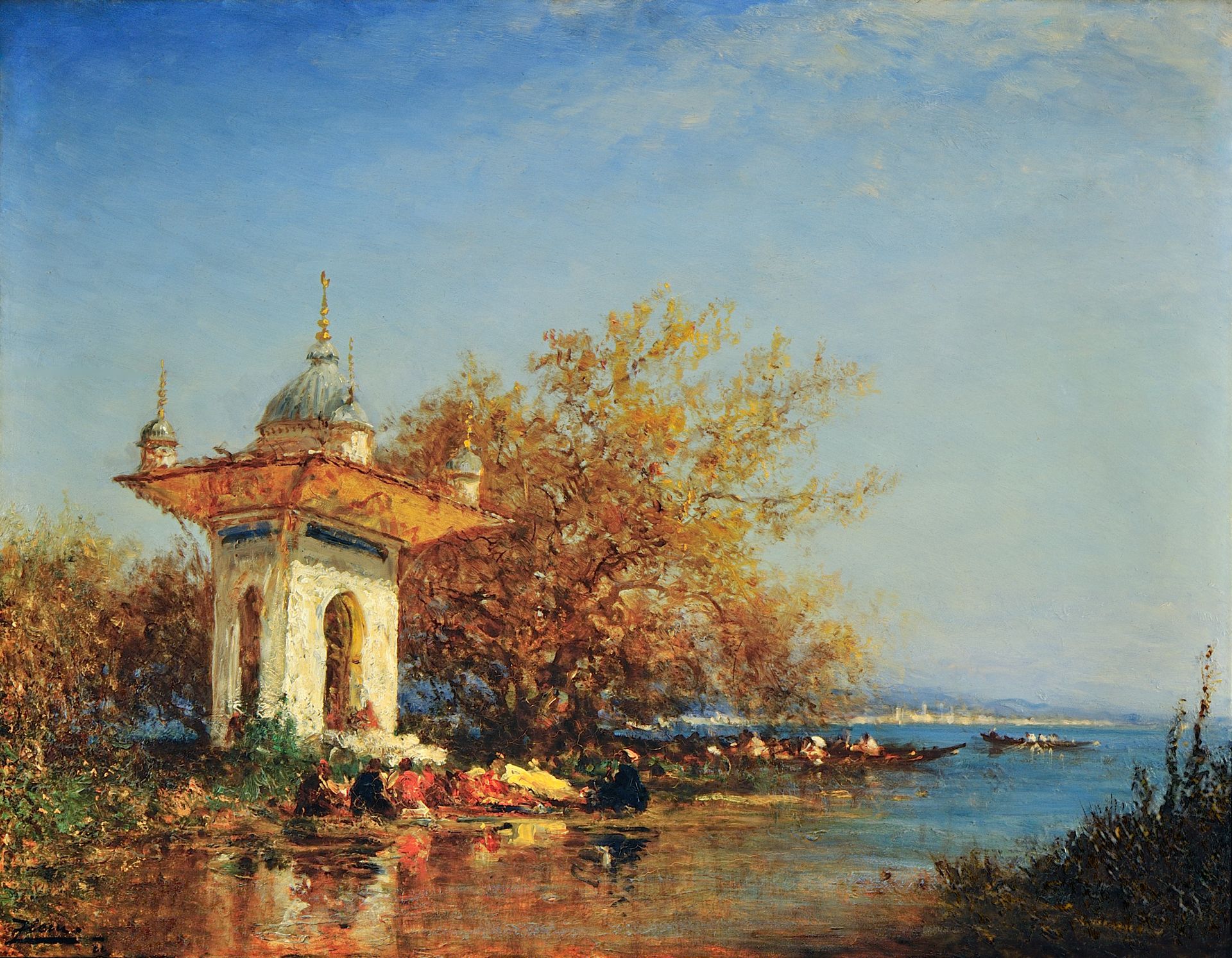 Null 费利克斯-齐姆（1821-1911）.博斯普鲁斯海峡淡水岸边的亭子的景色.镶木板上的油画，左下角署名Ziem。 71 x 92,5厘米。 
由Math&hellip;