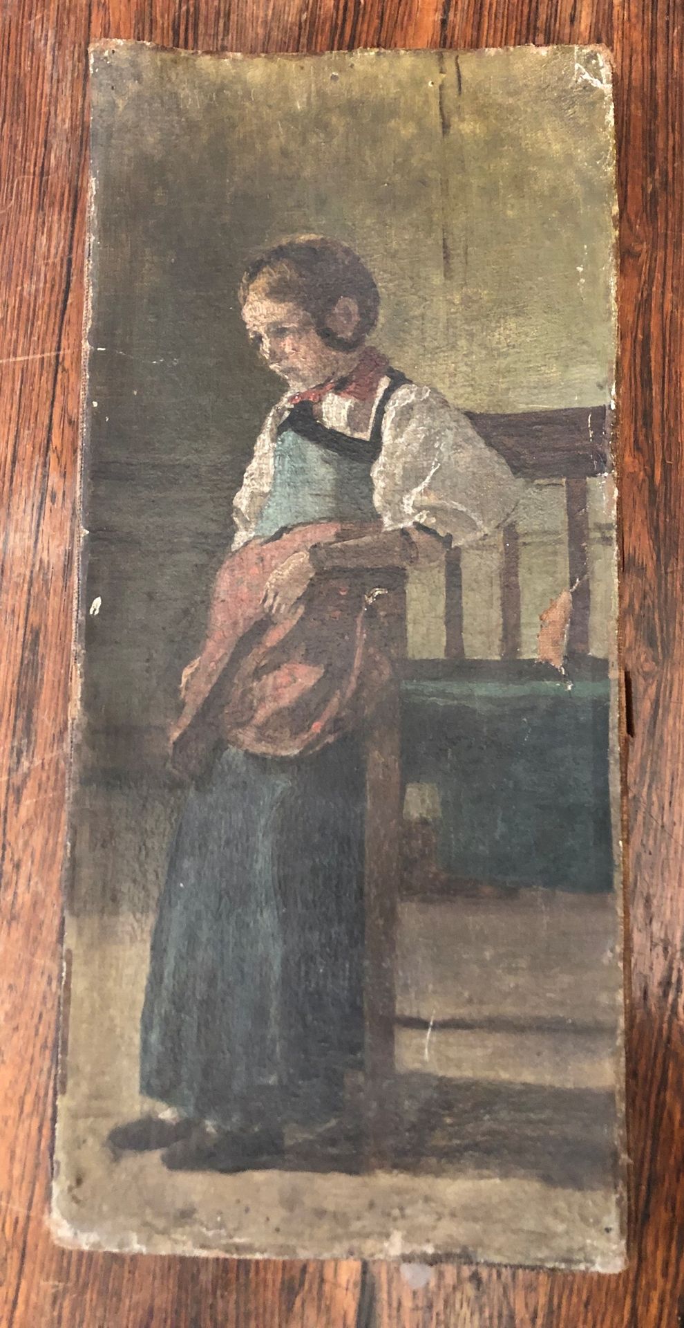 Null 法国学校，19世纪。穿着蓝色衣服的年轻女孩在室内，布面油画。31 x 14 cm. (事故，缺失部分)