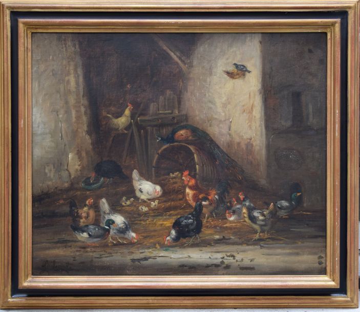 Null GUILLEMINET (XIX-XX ème), Volailles dans une basse-cour, huile sur toile si&hellip;