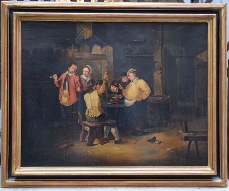 Null Ecole FLAMANDE du XIX ème, Scène de Taverne, huile sur toile, signature apo&hellip;