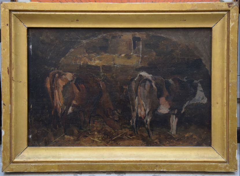 Null VITAL COUTURIER (XIX-XX ème), Vaches à l'étable, huile sur panneau signée. &hellip;