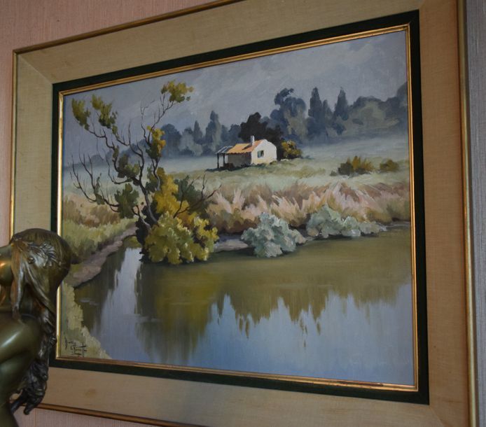 Null Mario PINETTI (XX ème), Maison dans les marais, huile sur toile signée. 52 &hellip;
