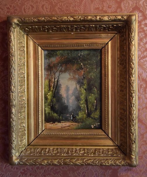 Null DUPIN (XIX-XX ème), Sous bois animé, huile sur panneau. 21 x 16 cm.