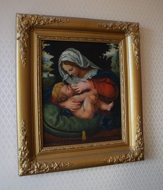 Null S. COSSET d'après Andrea SOLARIO, Vierge à l'Enfant, huile sur toile. 38 x &hellip;