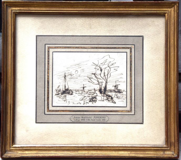 Null Johan-Barthold JONGKING (1819-1891), Paysage aux moulins et soleil, plume s&hellip;