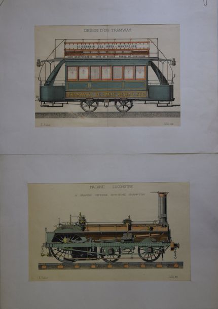 Null E. AUBERT (XIX ème), Tramway, Locomotive, deux aquarelles signées et datées&hellip;