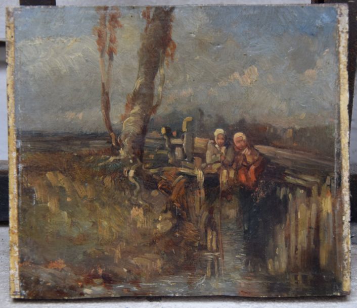 Null Ecole de BARBIZON, deux femmes dans un paysage, huile sur panneau. 12,5 x 1&hellip;