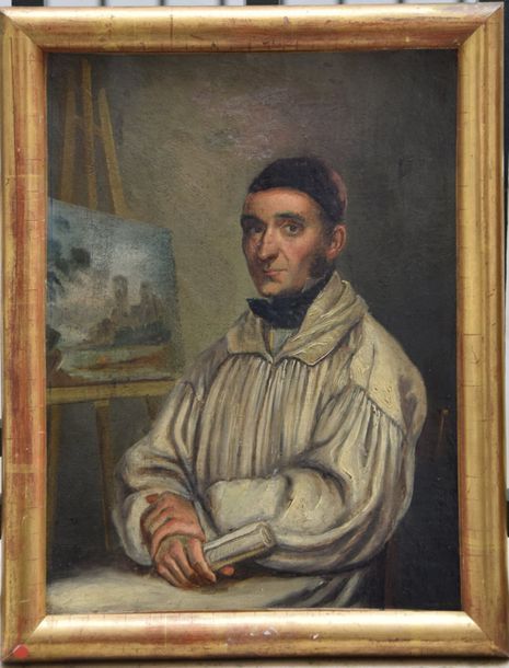 Null Ecole FRANCAISE début XIX ème, portrait d'un peintre devant son chevalet, h&hellip;