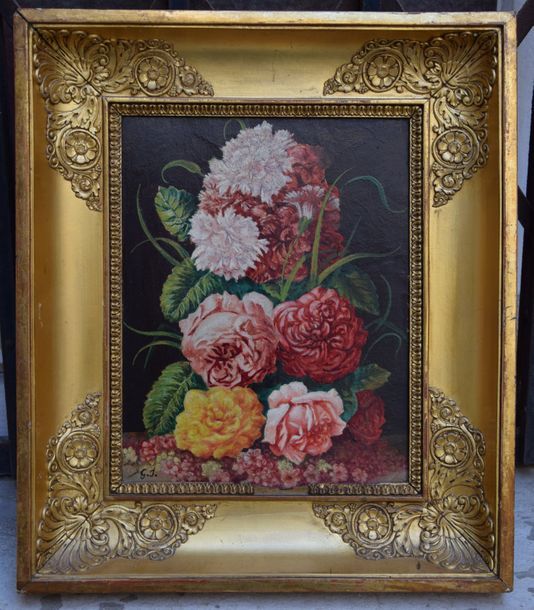 Null Ecole FRANCAISE vers 1900, bouquet de roses et œillets, huile sur bois. 26 &hellip;