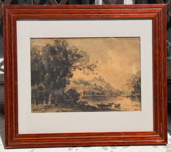 Null Ecole FRANCAISE du XIX ème, Paysage avec barque, pierre noire sur papier. 1&hellip;