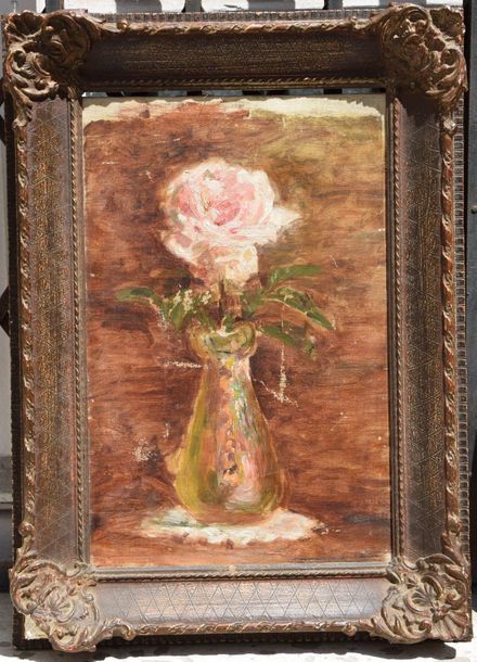 Null Ecole FRANCAISE fin XIX ème, Rose dans un soliflore, huile sur toile. 45 x &hellip;