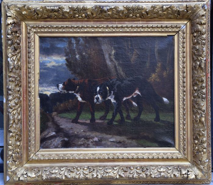 Null Ecole FRANCAISE du XIXème, chiens molosses, huile sur toile. 38 x 46 cm.