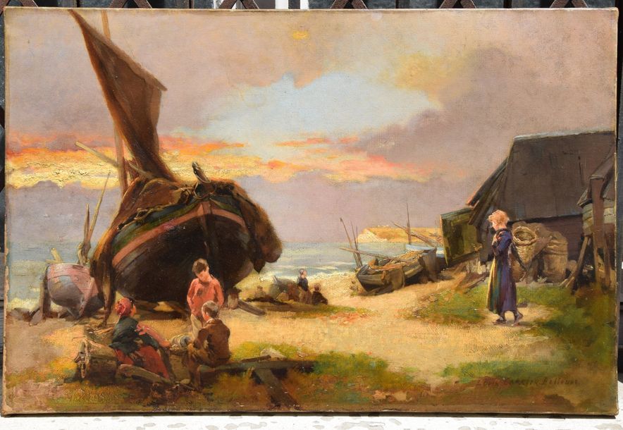 Null Louis-Robert CARRIER-BELLEUSE (1848-1913), "Pêcheurs sur la plage, soleil c&hellip;