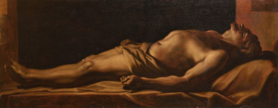Null Ecole ITALIENNE vers 1850, Le Christ mort, sur sa toile d’origine. 65 x 162&hellip;