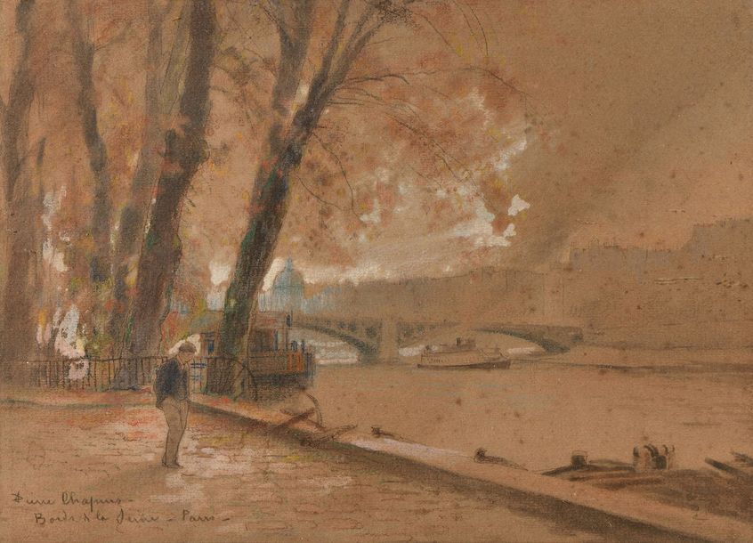 Null Pierre CHAPUIS (1863-1942), Bords de la Seine - Paris, pastel et fusain, si&hellip;