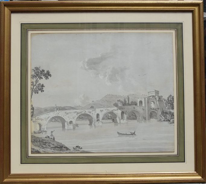 Null Ecole FRANCAISE du début du XIXème siècle, Paysage à la rivière et pont, pl&hellip;