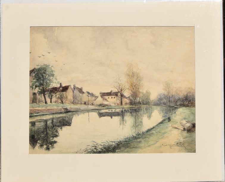 Null Georges ROSE (1895-1951), Hameau et canal, aquarelle et crayon, signé. 26 x&hellip;