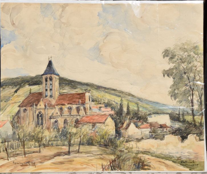 Null Georges ROSE (1895-1951), Vue de l'église de Vétheuil, aquarelle et crayon,&hellip;