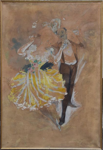 Null Jules CHÉRET (1836-1932), Deux danseurs, huile et dessin sur carton maroufl&hellip;