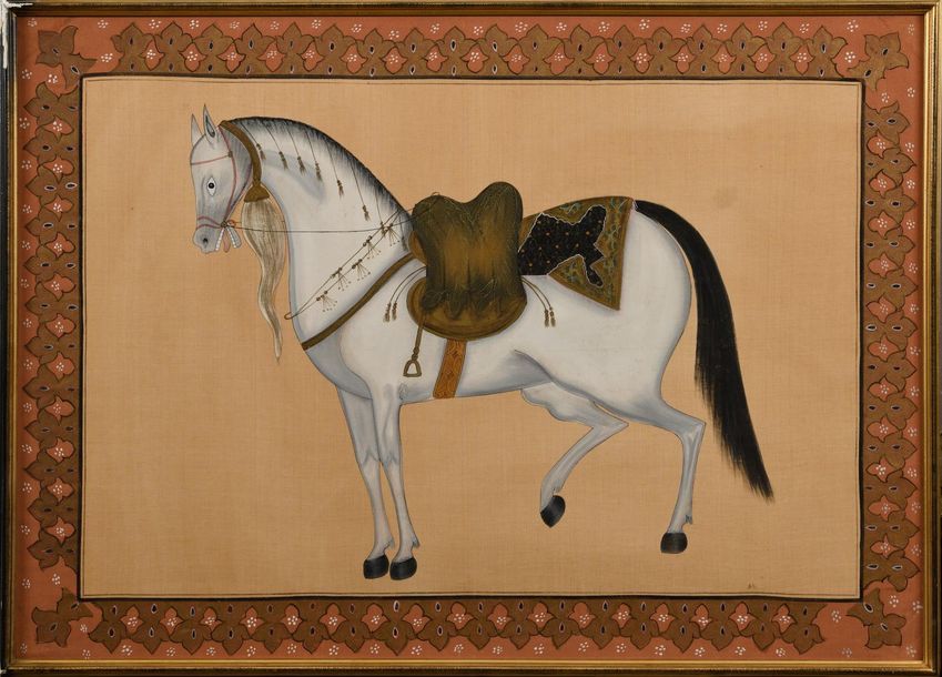 Null Ecole INDIENNE du XX ème, cheval, peinture sur soie. 79 x 110 cm.