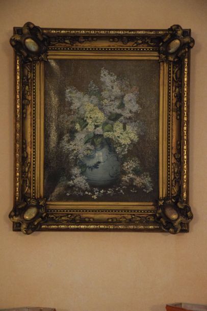Null Ecole FRANCAISE du XIX ème, Nature Morte aux lilas dans un vase en grès, hu&hellip;