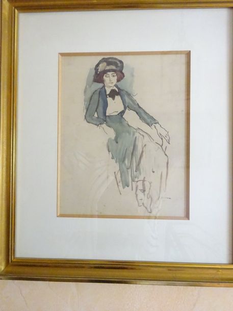 Null Jules PASCIN (1885-1930), Elégante assise, Encre et aquarelle, signature au&hellip;
