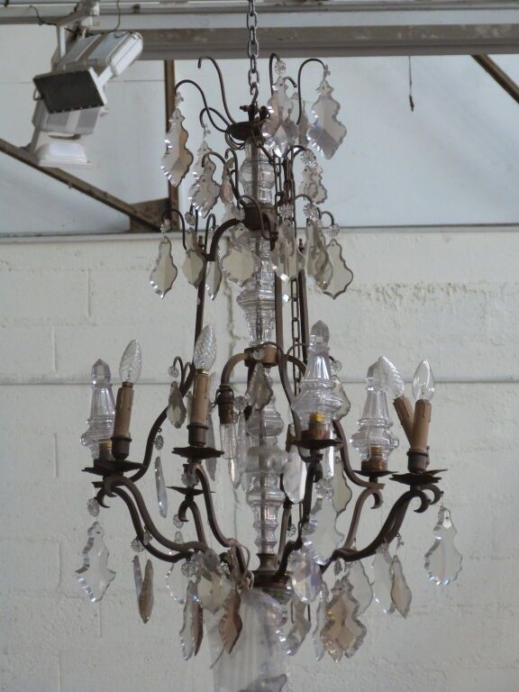 Null Bronze cage chandelier with 9 lights, crystal plates 

H. 104 cm