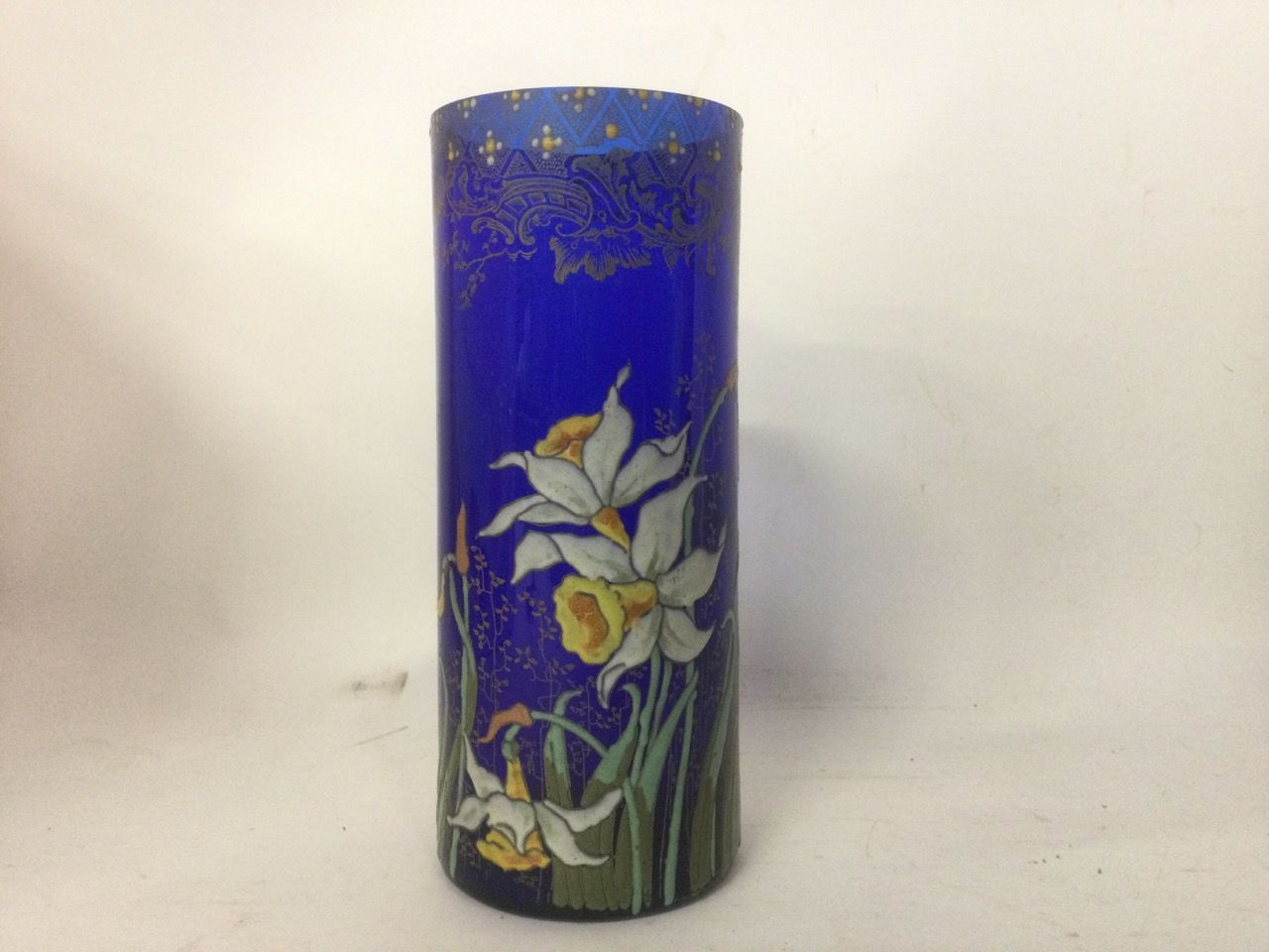 Null Vaso in vetro blu con decorazione di giunchiglie smaltate h 24,5