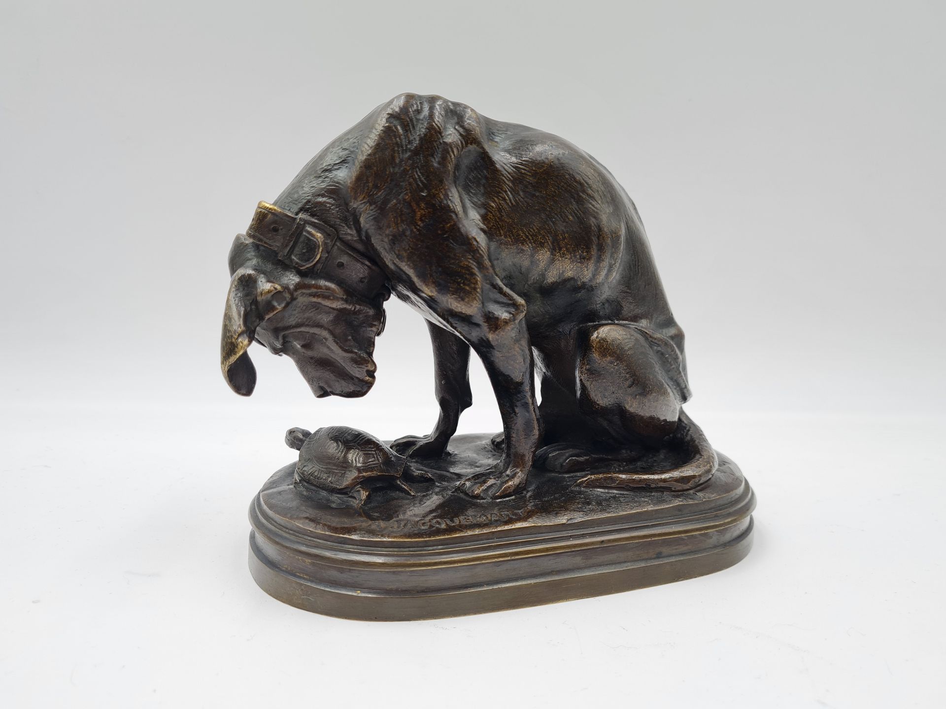Null Henri Alfred JACQUEMART (1824-1896), 《狗和乌龟》，青铜雕塑，有棕色的铜锈，显示一只狗靠在一起观察乌龟，在露台上签&hellip;