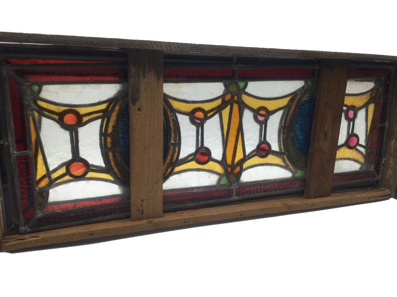Null Set di 2 vetrate antiche con forme geometriche e cabochon, Dim. 27 x 77 cm