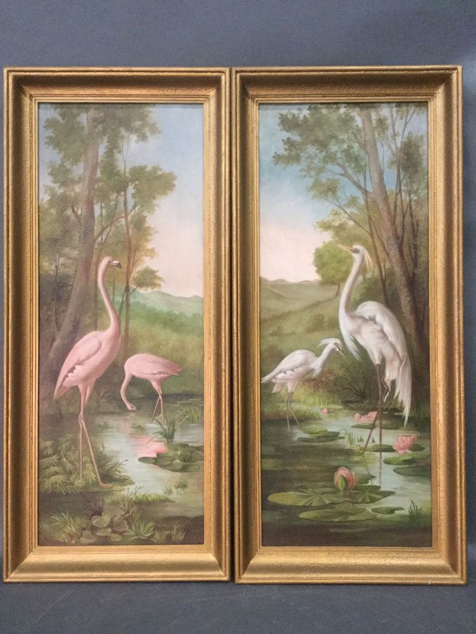 Attributed to M. BARBERIN, Ibis and pink flamingos, pair of HST, dim. 92 x 34 cm&hellip;