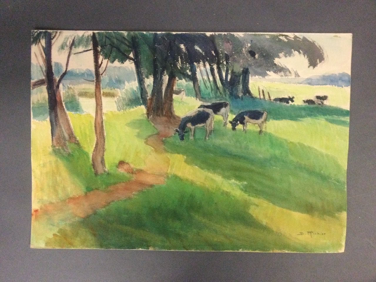 Null Denise RICHIER (第XX届)，牧场上的奶牛，坎肩上的水彩画，SBD，尺寸38 x 55厘米。
