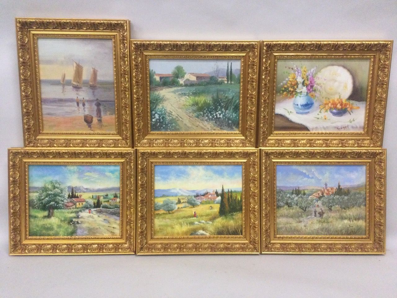 Null Lot of 6 HST, dim. 21,5 x 27,5 cm. Framed in wood and gilded stucco