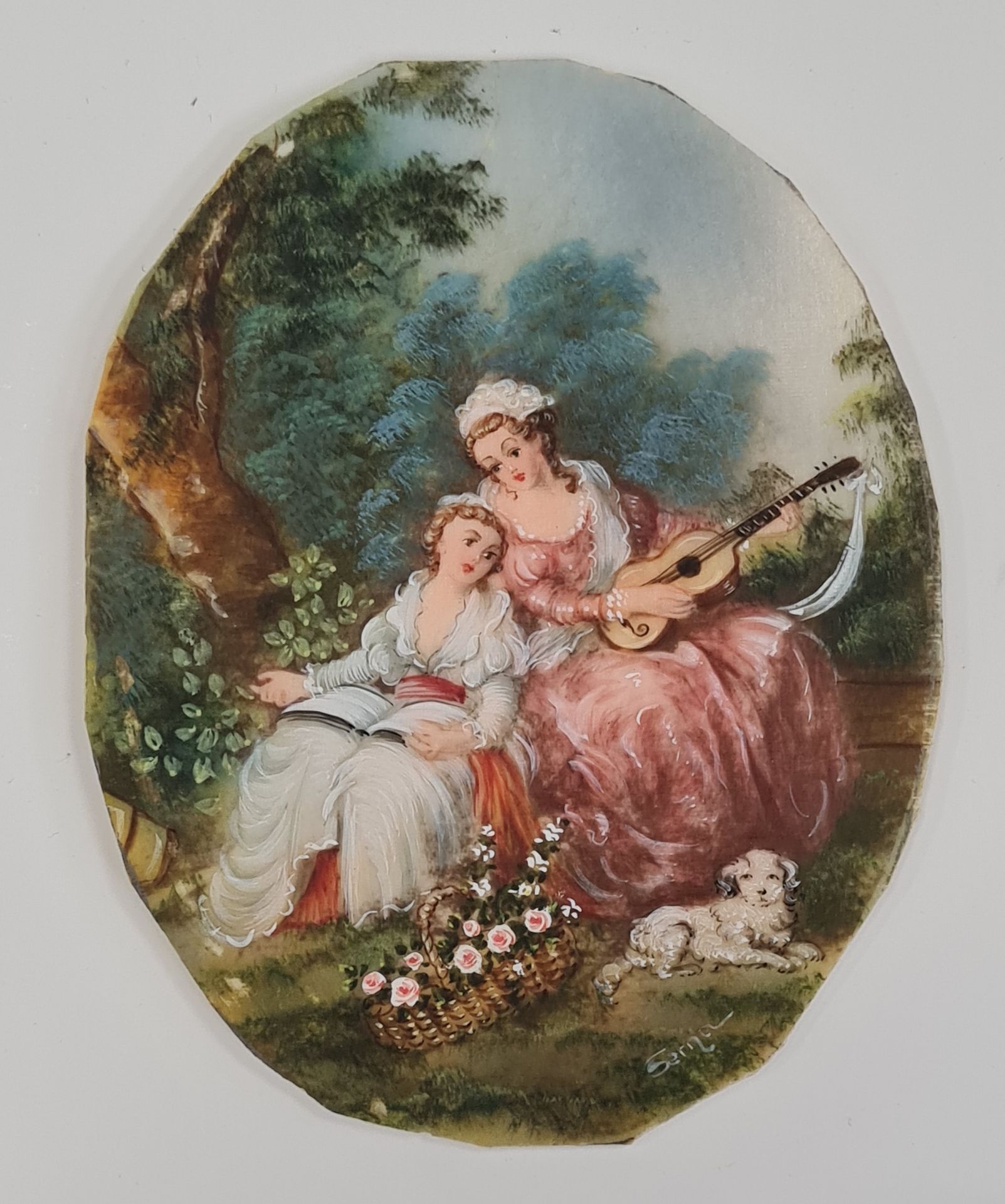 Null Oval miniature on ivory, The reader and the guitar player, Signed SERNA dow&hellip;