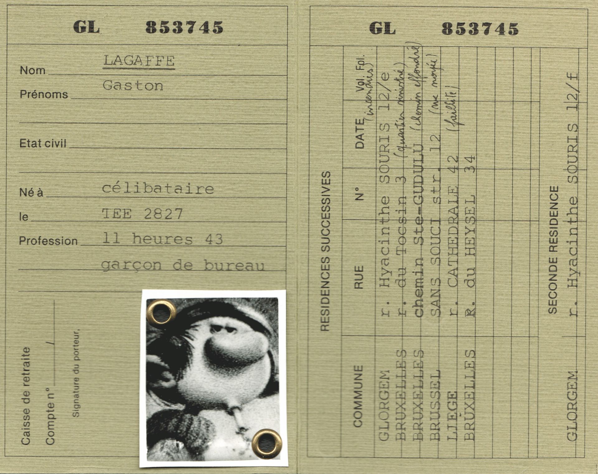 FRANQUIN Gaston. Rare carte d’identité belge de Gaston Lagaffe. Version avec 2 r&hellip;