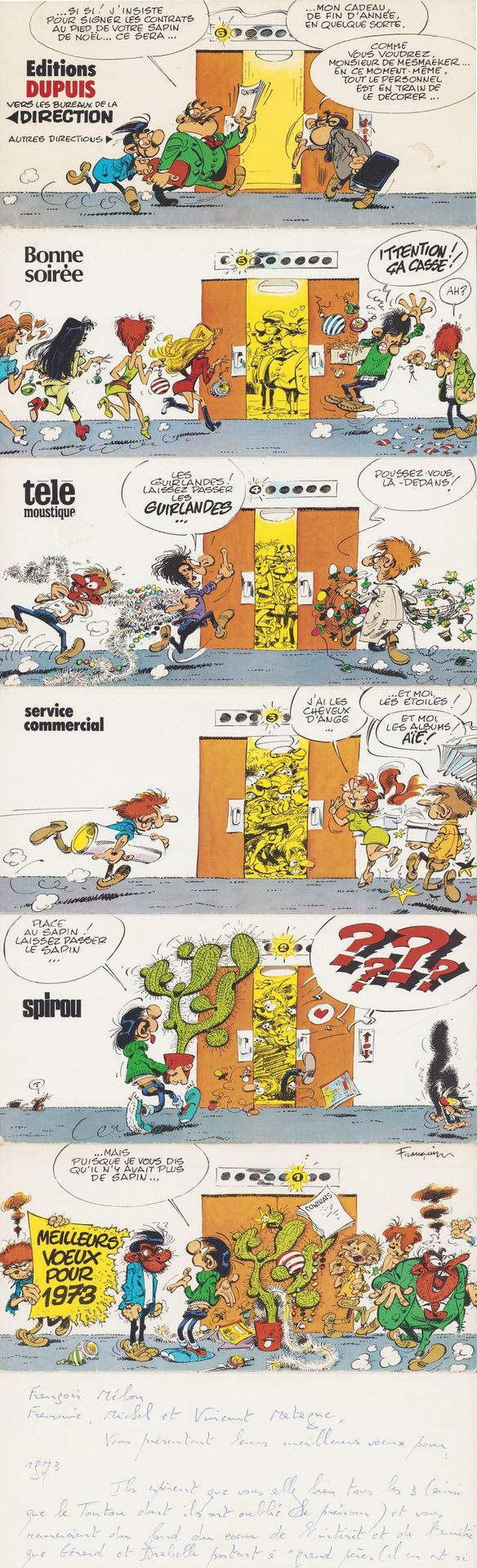 FRANQUIN Gaston. Carte de voeux dépliante 1973 réalisée par les éditions Dupuis.&hellip;