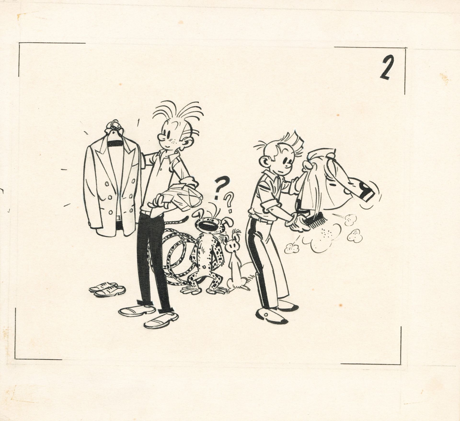 Franquin, André (1924-1997). 印度墨水在厚纸上为这幅以斯皮鲁、方塔西奥、斯皮普和马苏比拉米为主题的原创插画。1952年写给Les A&hellip;
