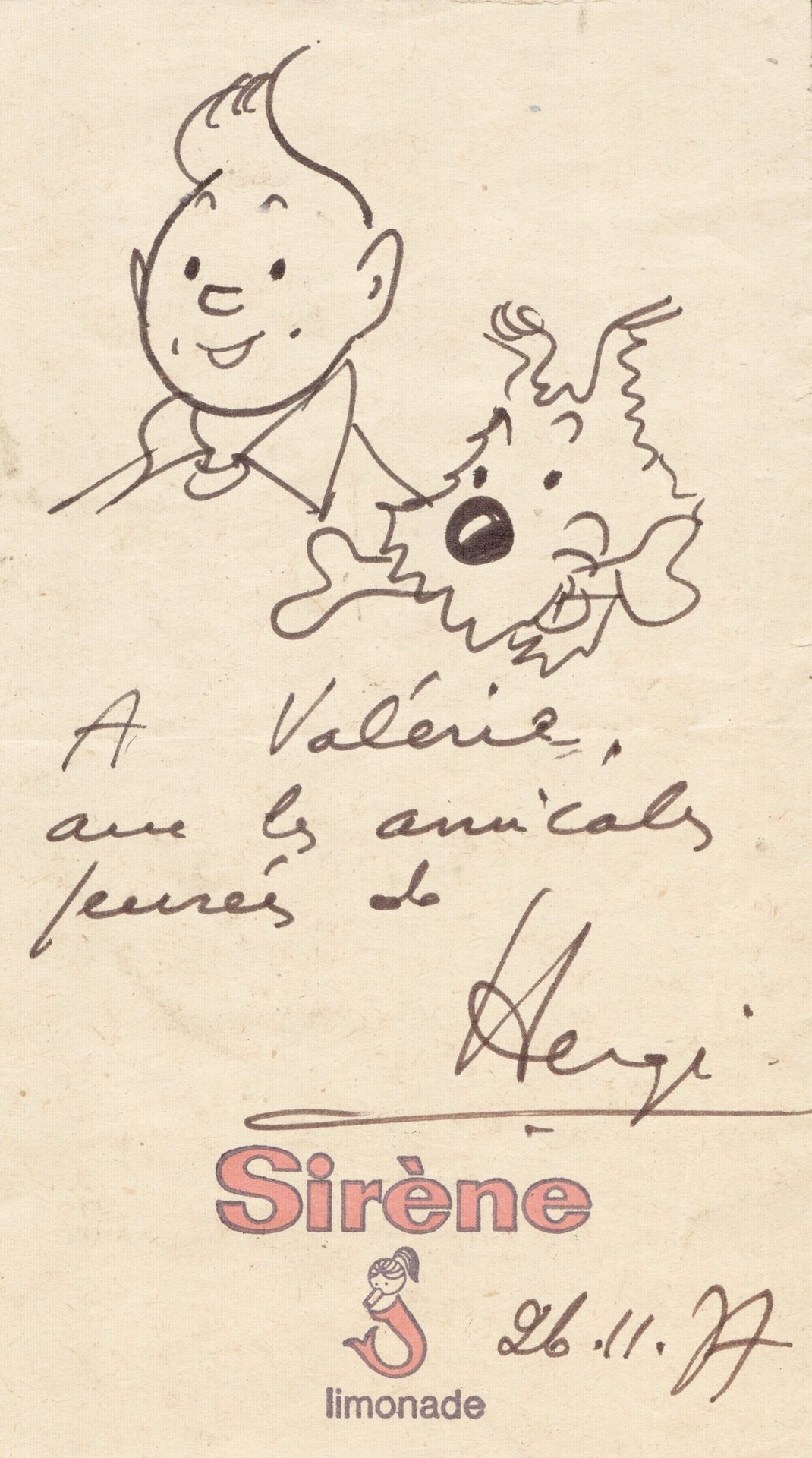 Hergé Tintin. Dessin original dédicacé réalisé à l’encre de Chine sur un feuille&hellip;