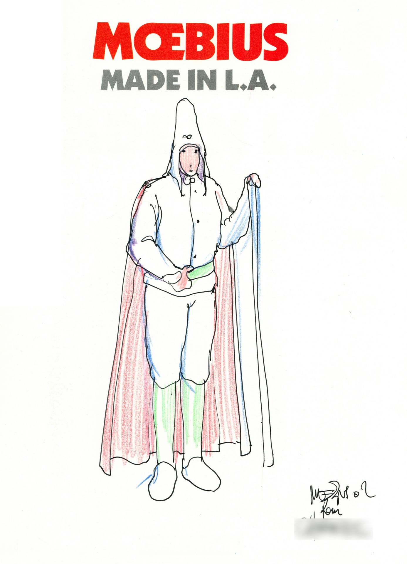 Giraud 莫比乌斯。用印度墨水和彩色铅笔在Eo.Made in L.A.专辑的几乎整个扉页上完成的原创签名绘画。伟大的艺术...素描、插图、短篇小说，摘自作&hellip;