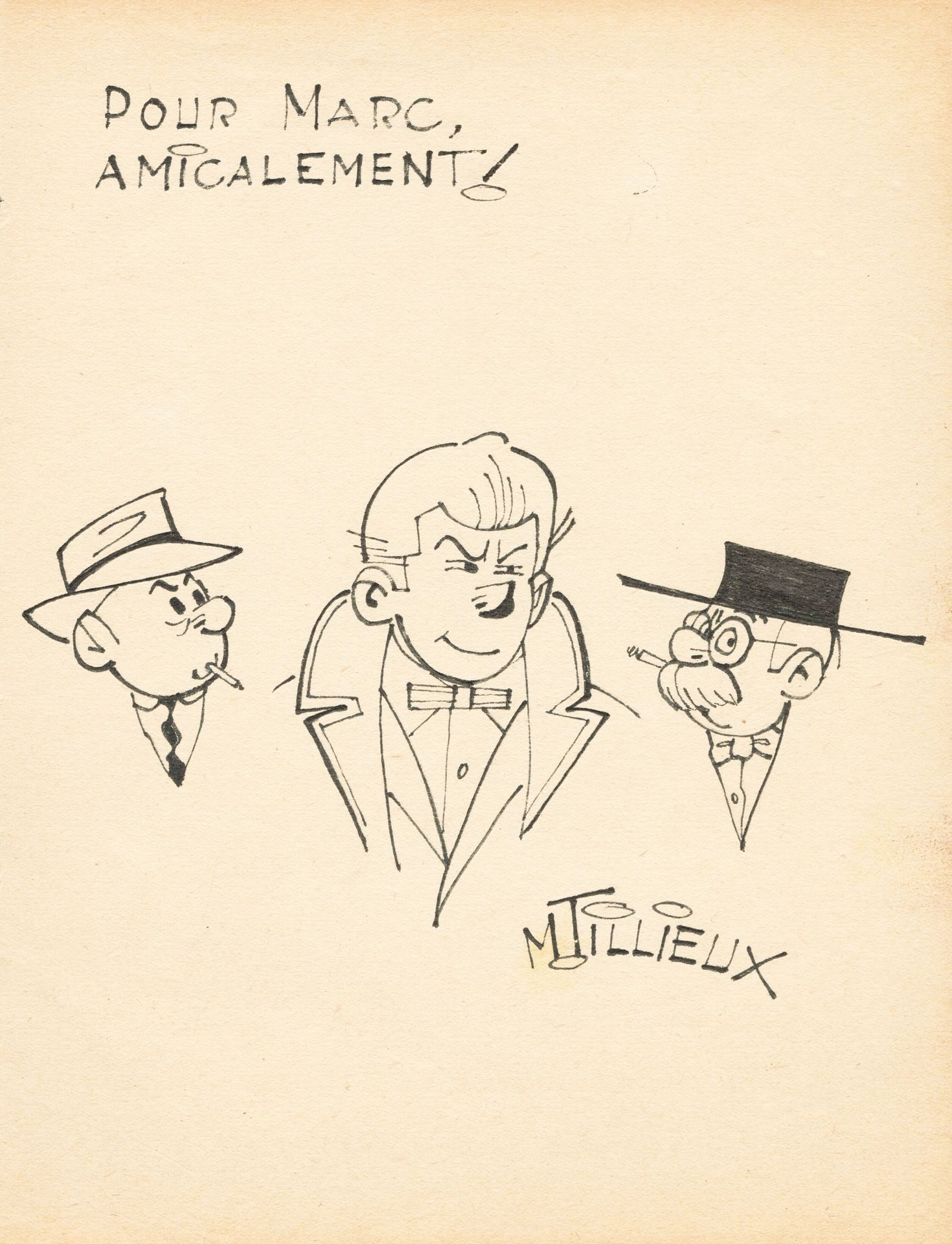 Tillieux, Maurice (1921-1978). 印度墨水在薄纸上为这套以吉尔-茹尔丹、克鲁顿和利贝尔鲁尔为主角的3幅肖像画。签署并奉献。20,8x&hellip;