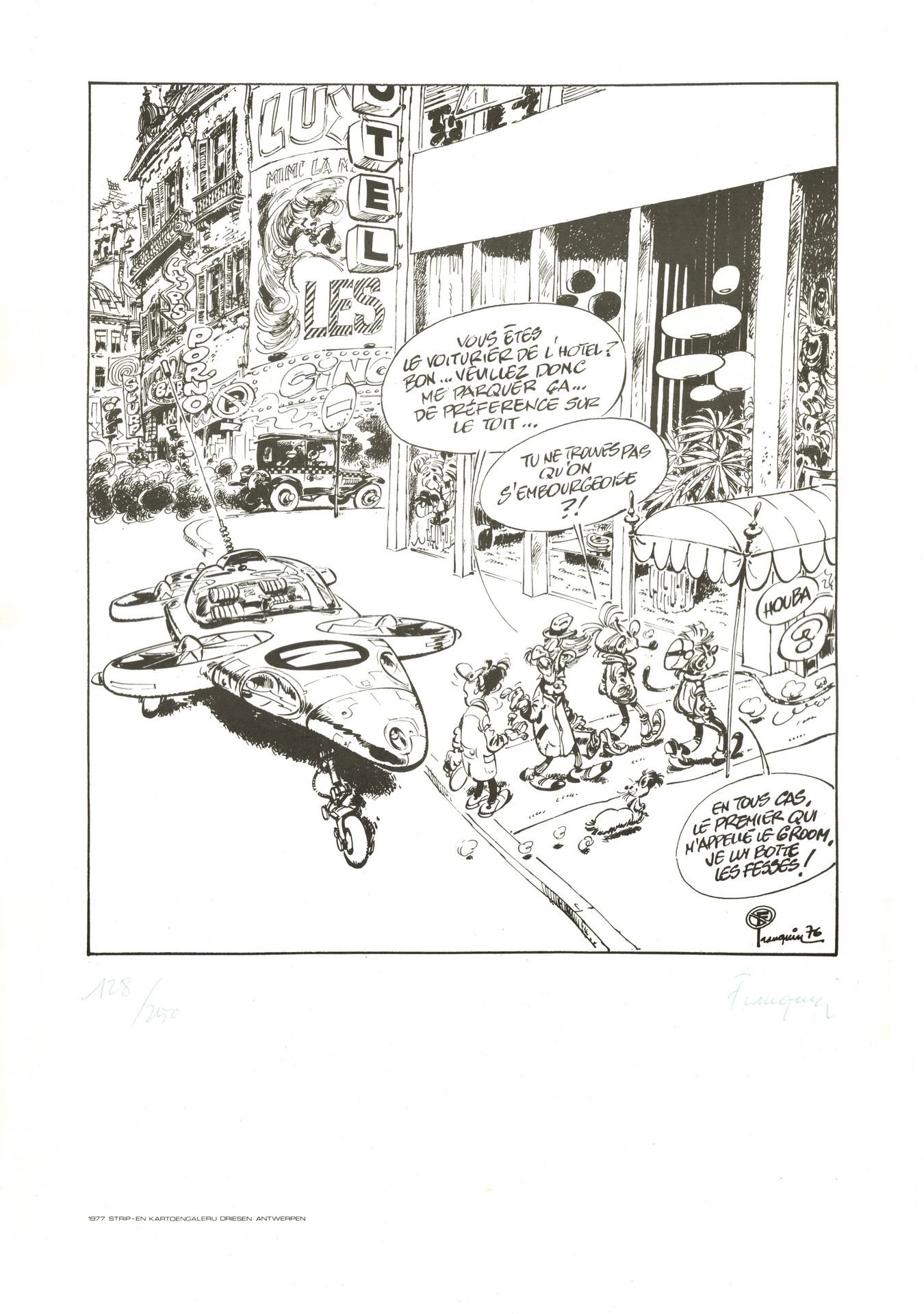 Franquin 斯皮鲁。罕见的绢画《斯皮鲁和方塔西奥》，《尚皮纳克和索尔格莱特》，制作于1977年。版本250份。弗朗昆的N°/S。轻微的日照。固定在其pas&hellip;