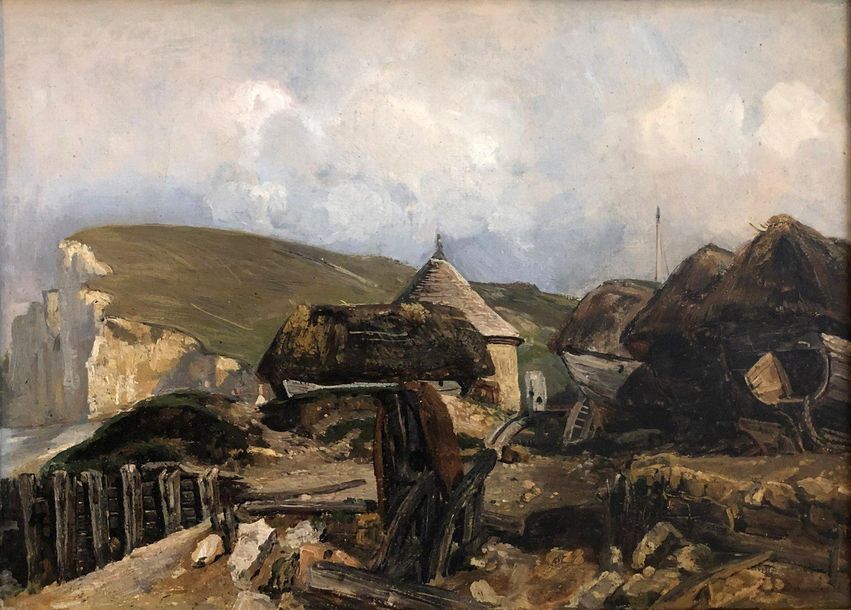 Victor DANVIN (1802-1842) 
Les caïques d'Etretat 
Oil on canvas signed lower rig&hellip;
