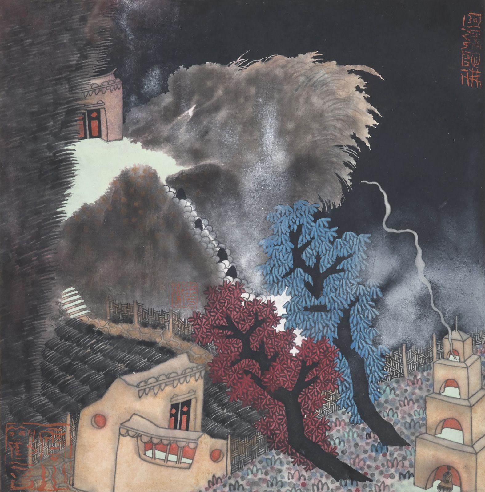 GUO Huawei (1983) 两棵圣树，2012年
宣纸上的水墨和丙烯，左下角盖有艺术家的印章
40 x 40 cm。