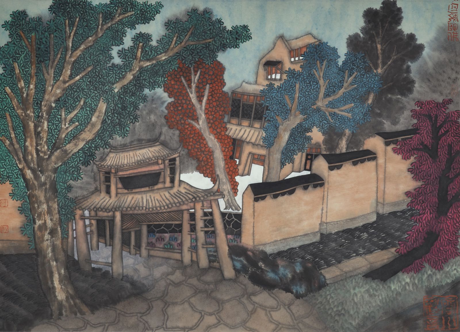 GUO Huawei (1983) 幸福之城的门廊，2012年
宣纸上的水墨与丙烯，右下角有艺术家的印章
53 x 73 cm
