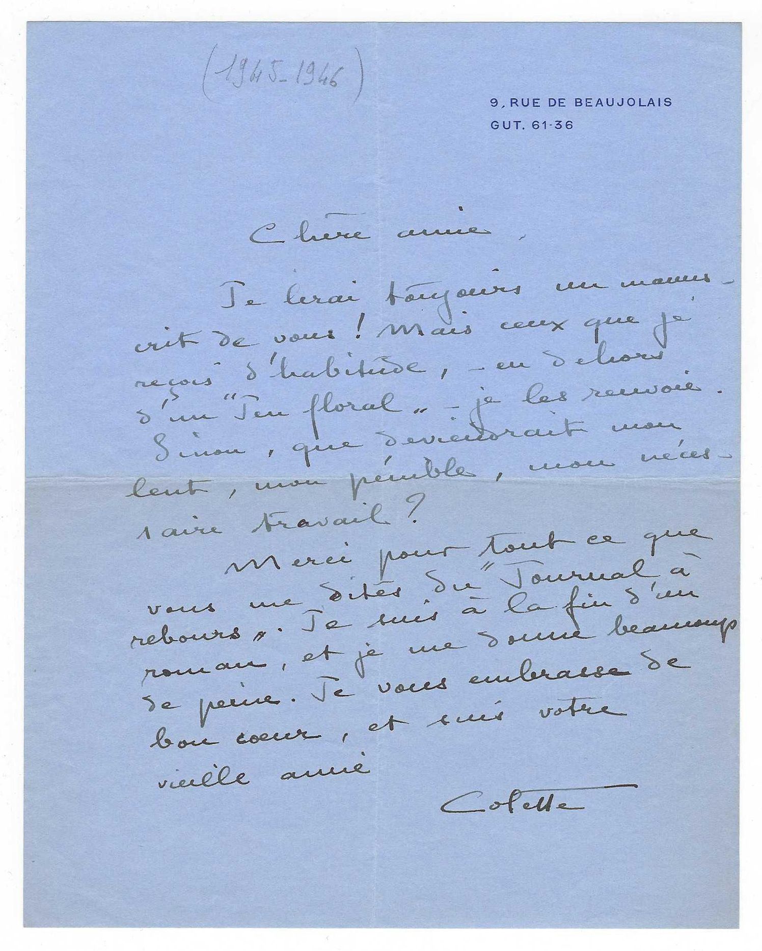 COLETTE, Sidonie Gabrielle dit (1873-1954), femme de lettres française. 2个L.A.S.&hellip;
