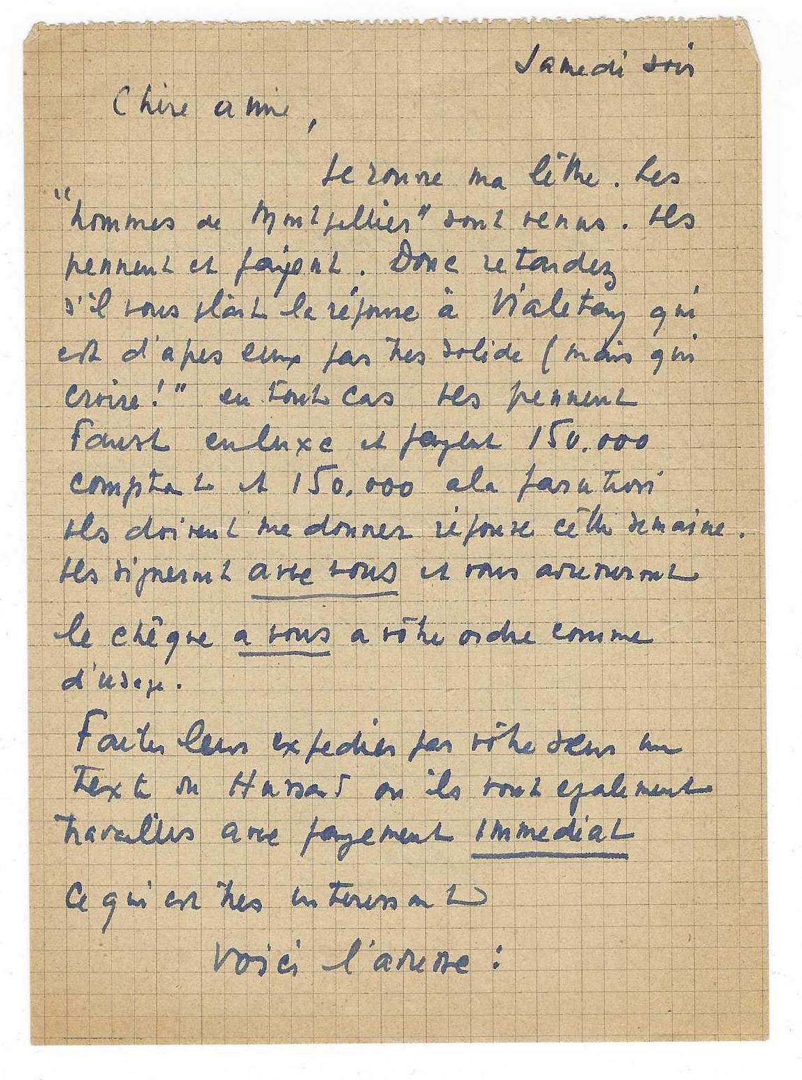 GIONO, Jean (1895-1970), écrivain français. 2 L.A.S.和一份A.S.马诺斯克的照会，10月26日[1930年]&hellip;