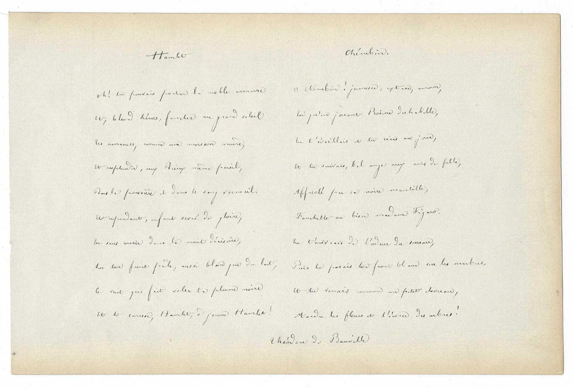 BANVILLE, Théodore de (1823-1891), poète français. 题为《哈姆雷特》和《樱桃》的两首诗的签名手稿。S.L.N.&hellip;