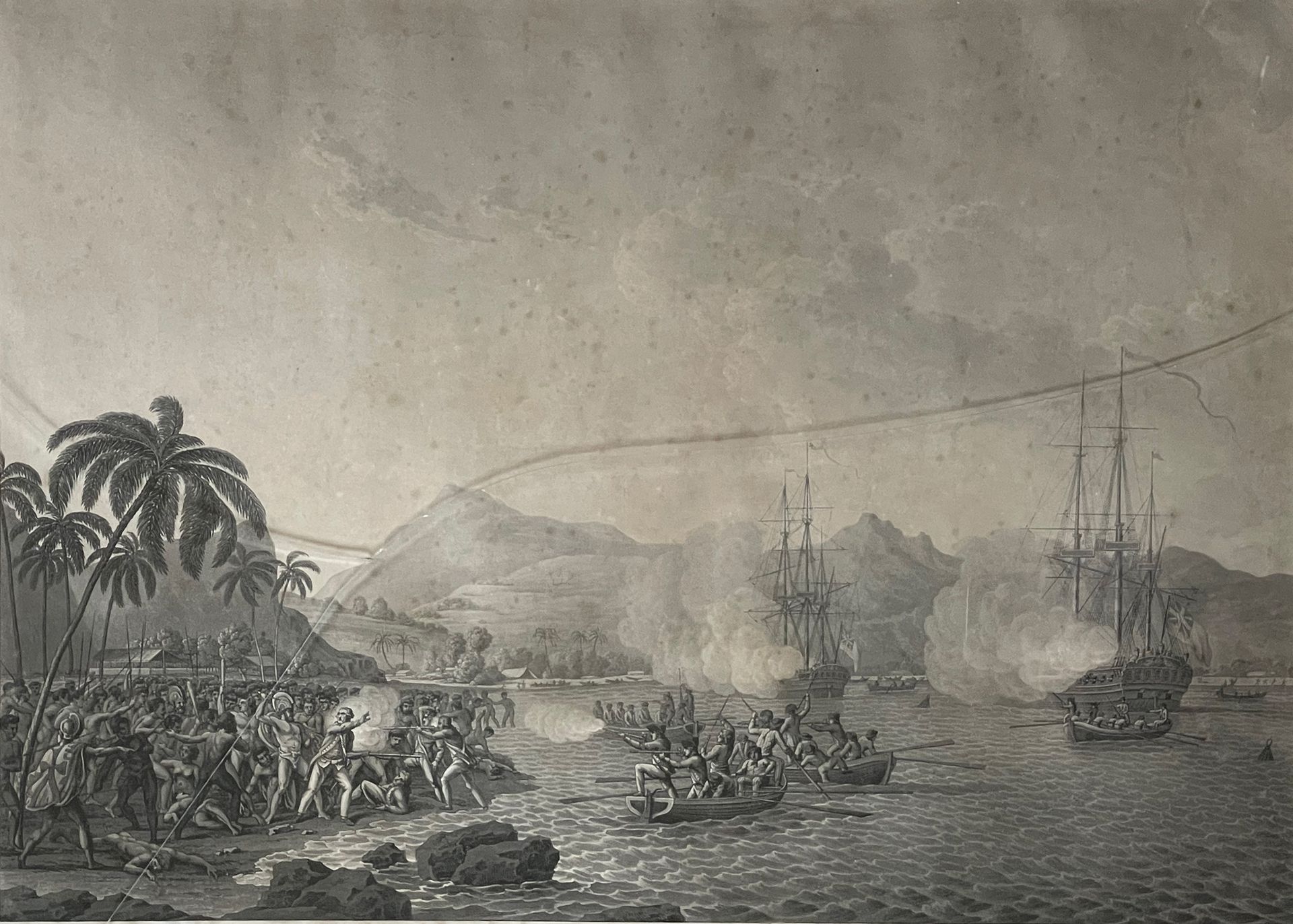 Null Mort du Capitaine Cook
Gravure en noir (taches)
45 x 63 cm (à vue)